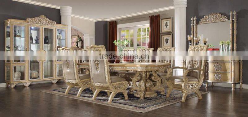 Luxury European Wooden Hand Carved Golden Color Rectangle Dining Table,Leather Upholstery Dining Chair Home Furniture(MOQ=1 SET)
