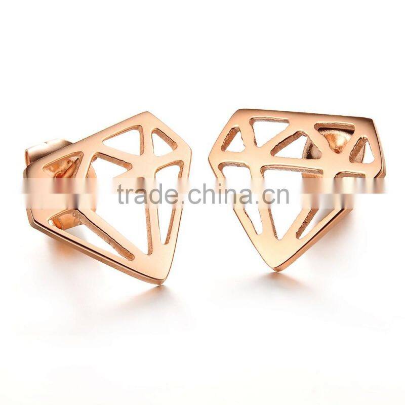 Fashion Jewelry Diamond Shaped Stud Earrings Men Rose Gold IP Stainless Steel Earring
