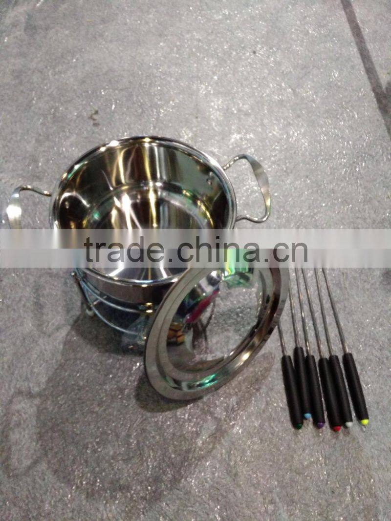 Hot sale stainless steel round cheese/chocolate fondue set with fork