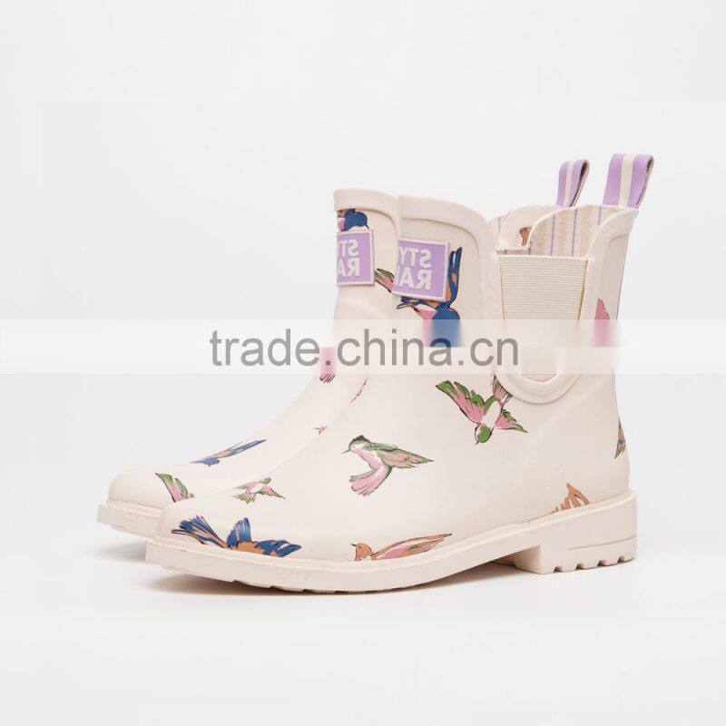 beige cream color bird printed girls soft comfortable warm winter waterproof shoes garden use antislip outsole rain boot wellies