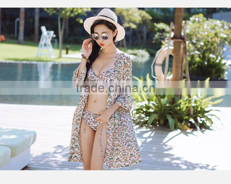 Floral print three pieces bikini sets girls sexy beach wear