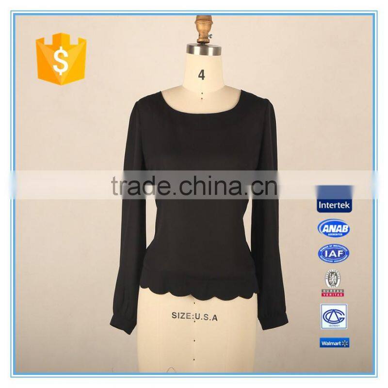 New Design Ladies Back Button Design Petals Hem Long Sleeve Blouse