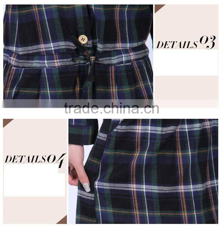 Womens loose Blue green check long sleeve dress with two chest pockets and button up