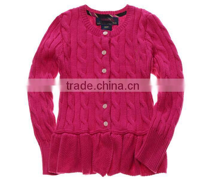latest children girls cable knit ruffle buttom down long cardigan sweater