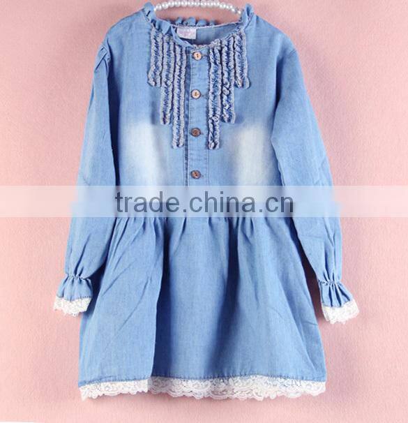 Fashion Kids Denim Blue Flower Lace Single-breasted Long Sleeve Girls Formal Dresses 20009