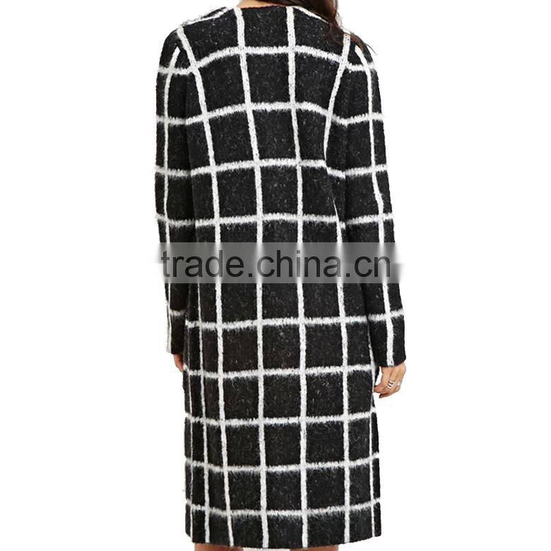 plain geo-patterned front open blend long sweater female cardigan with front patch pockets