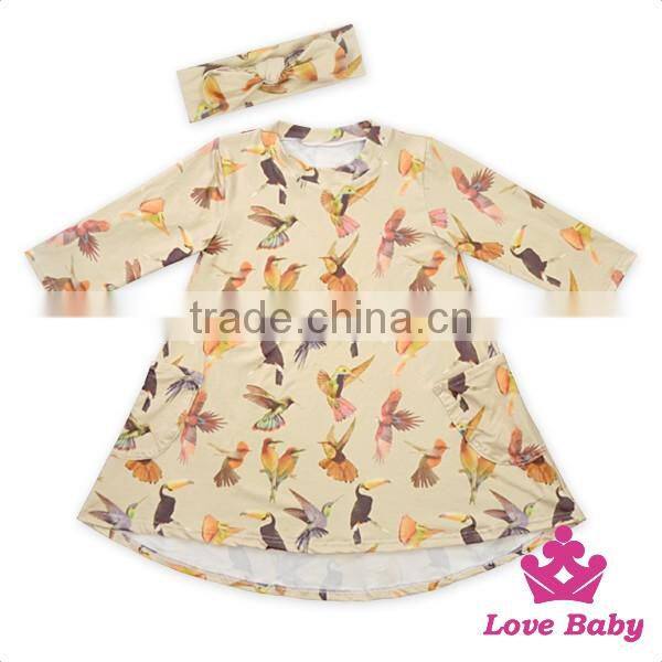 Best Selling Boutique Long Sleeve Printed Tiger Girl Dress Hign-Low With Bow Headband Simple Frock Design