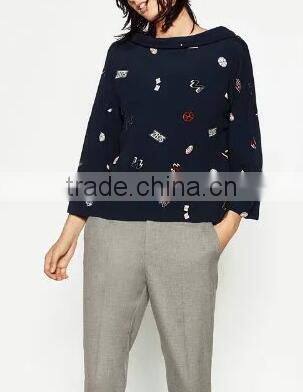 Runwaylover EY2339B Europe Style 2017 Ladies Fashion Label Printed Blouse