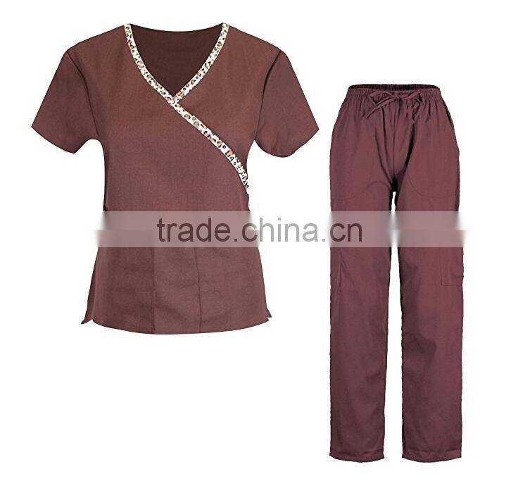 Printed medical workwear mock wrap unifrom set oem service supply