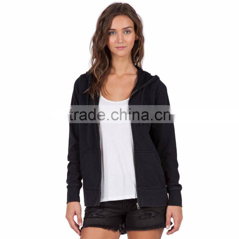 Urban Style Plain Black Washed Zip Up Fleece Hoodies for Woman