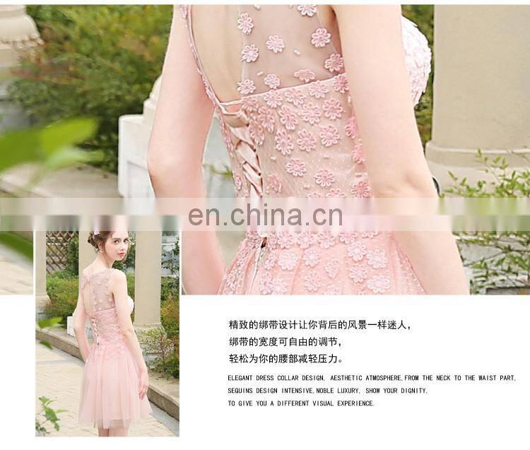 HS1616 Knee Length Evening Party Pink Flower Appliqued Bridal Dress Bridesmaid Gowns