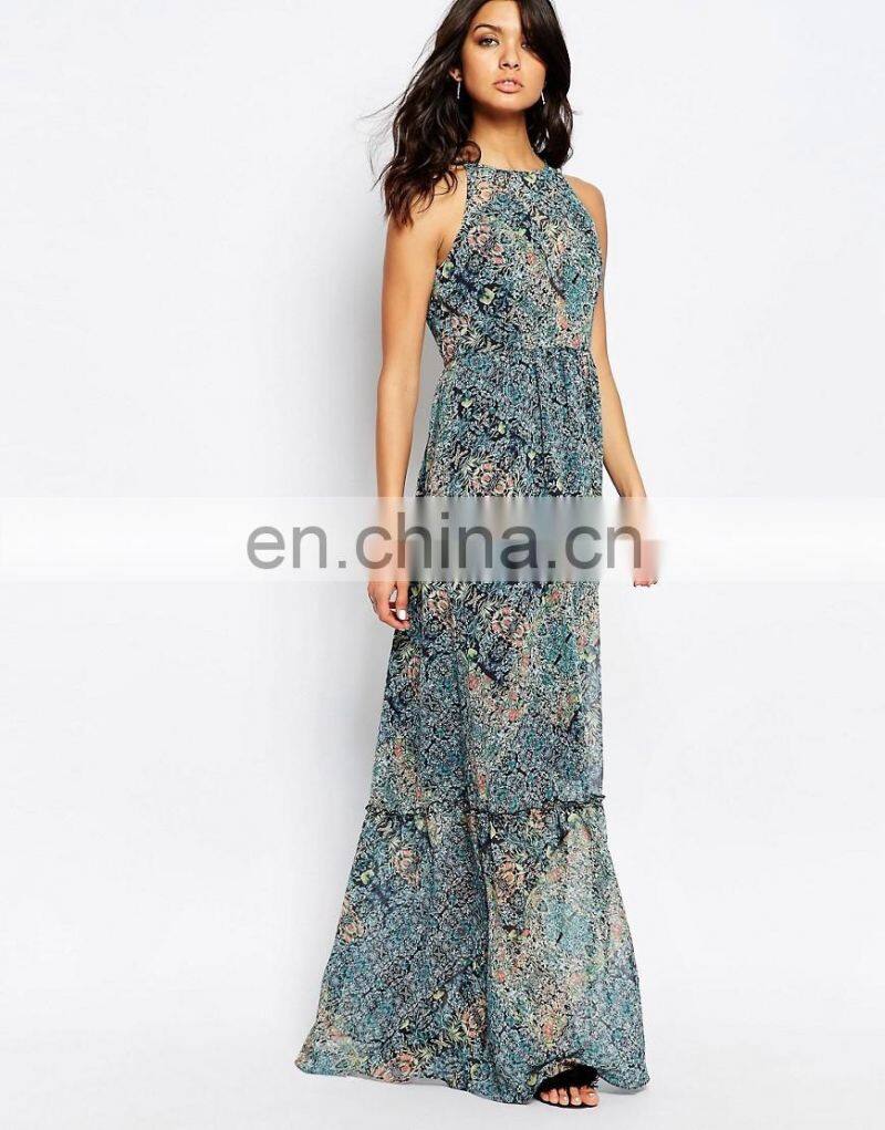 2016 Summer Europe printed loose sleeveless laides fancy long maxi dress