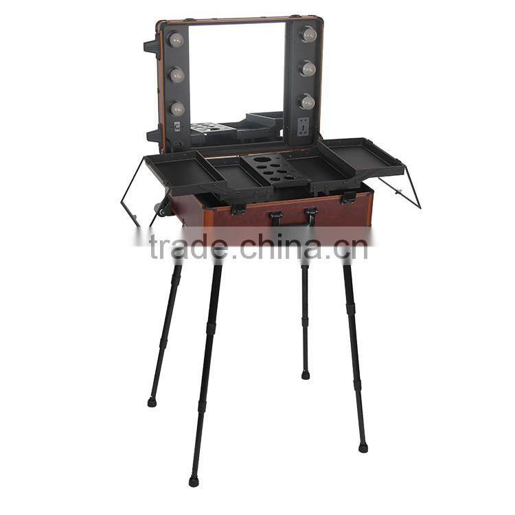 Lighted aluminum makeup case with legs with 4 universal wheels