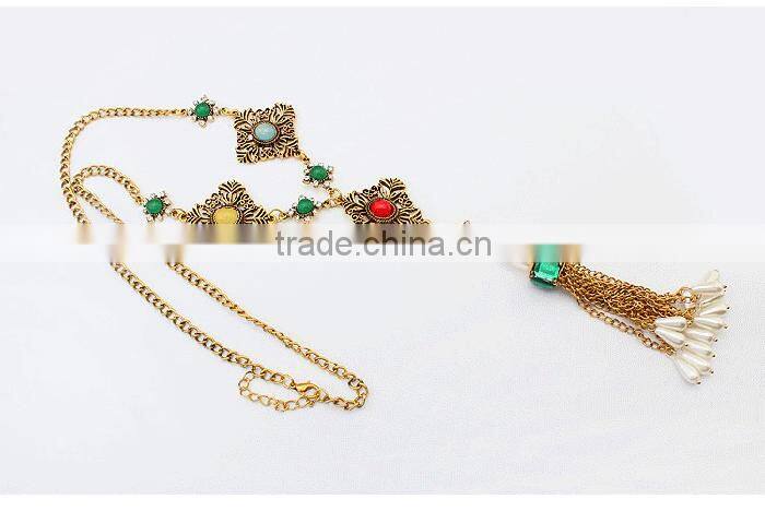 Ethnic gold jewellery square charm pearl drop metal tassel necklace