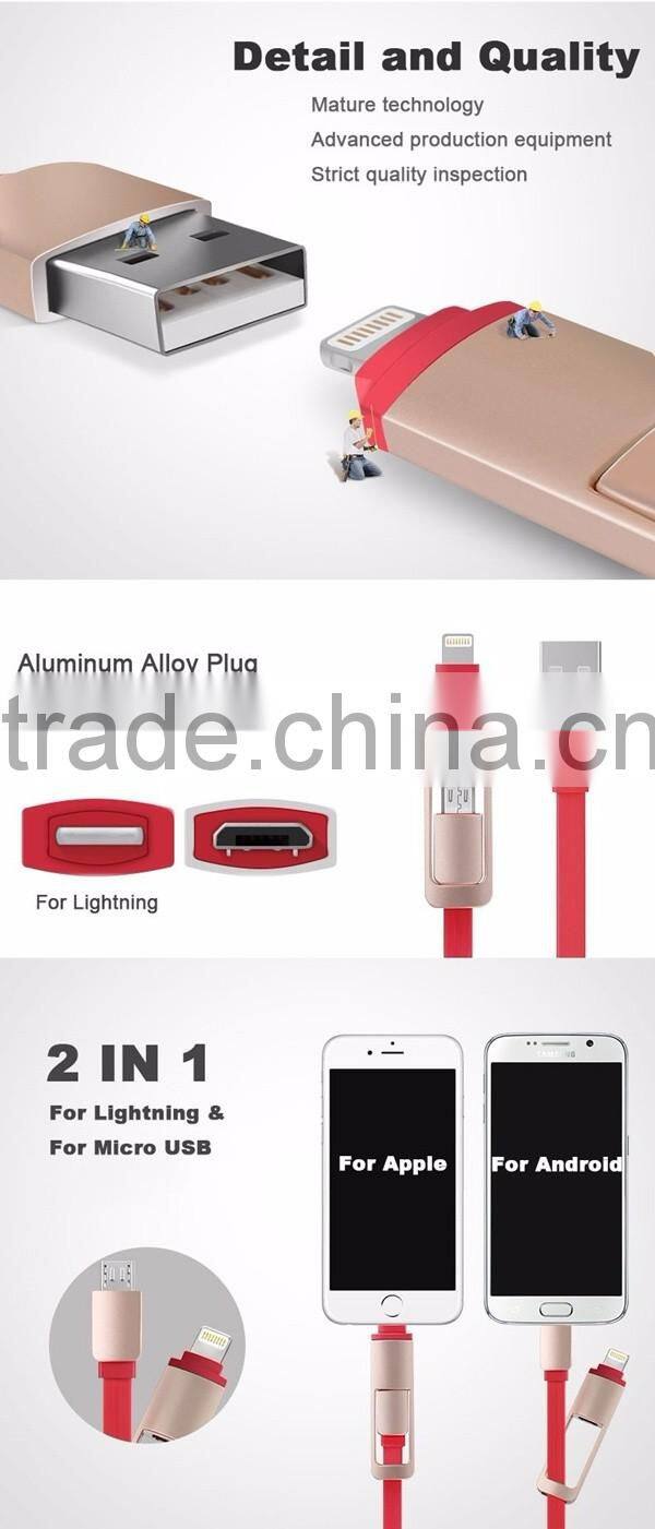 High quality fast charging 2 in 1 USB extension micro data cable Sync Data Charging Cable