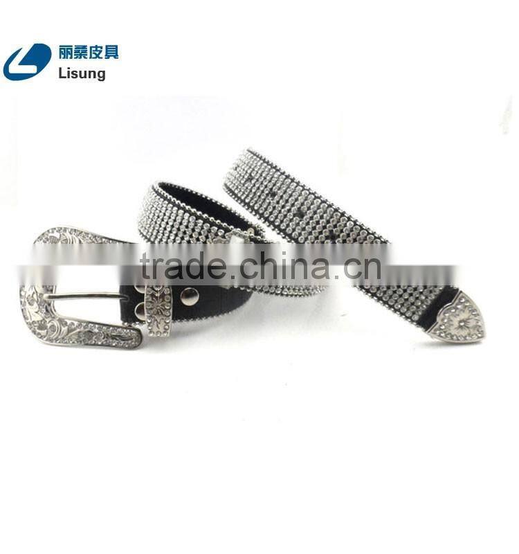 Wholesale Cheap Western Cross Hardware Studded Rhinestone Strap Belt With Flower Buckle Set