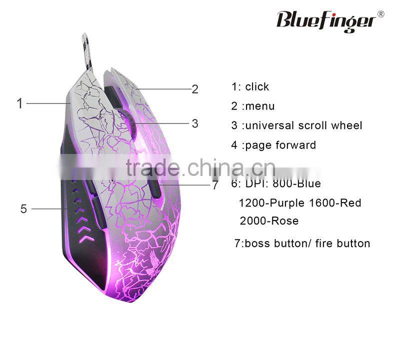 Factory price USB wired 2000DPI adjustable pink purple bule 7Key LED Backlit optical gaming mouse