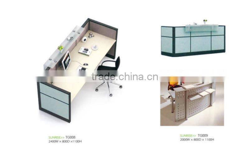 modern wooden reception table with I shaped steel leg