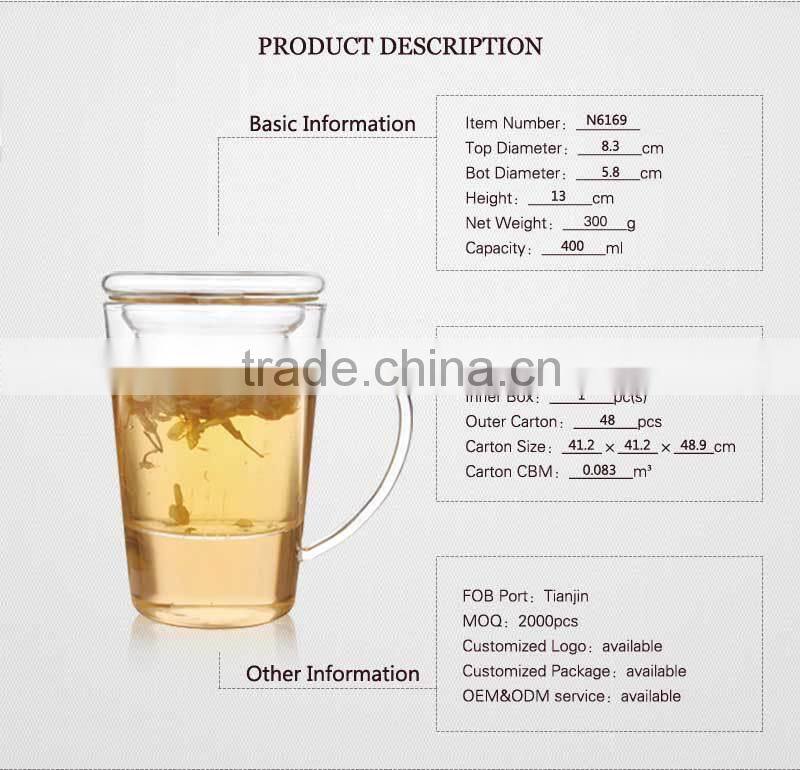 Wholesale heat resistant glass tea cup with glass strainer lid handmade glassware OEM ODM 400ml