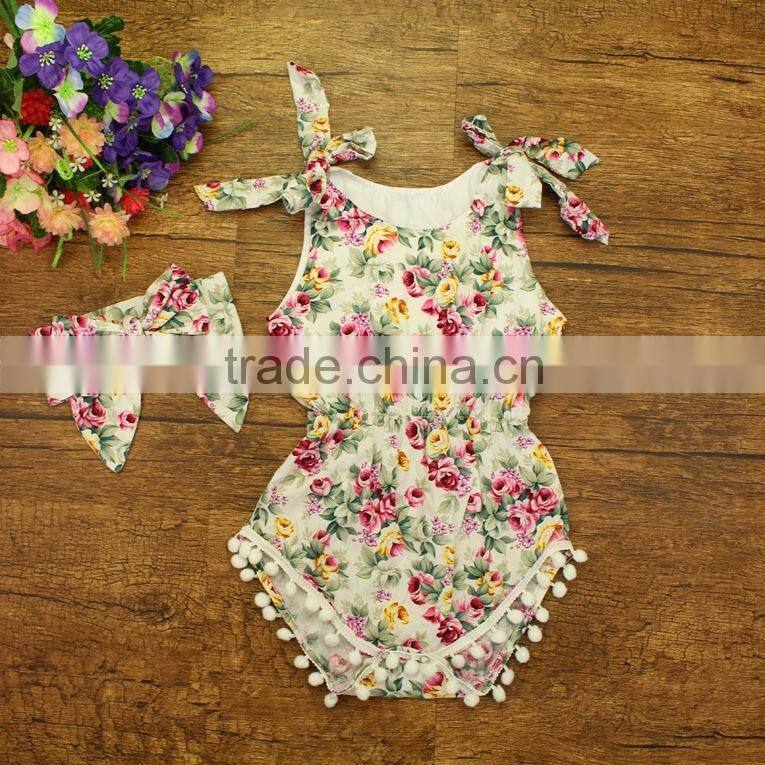 Wholesale kids jumpsuit baby girl pom pom rompers with rose flower baby romper clothes baby rose floral patterns