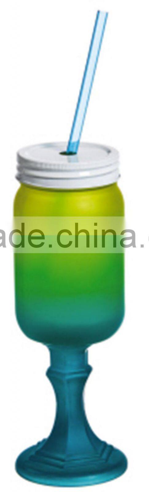 Bright Ombre Mason Jar on a Pedestal Glass Drinkware w/ Straw 2 asst