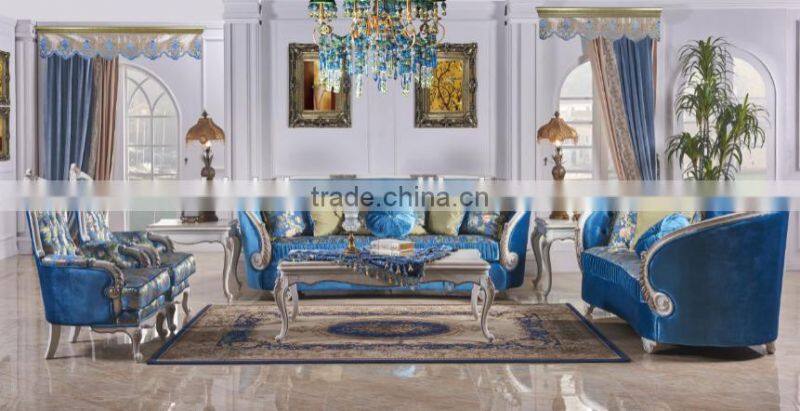 Classic European style antique finishing solid wood living furniture fabric sofa set