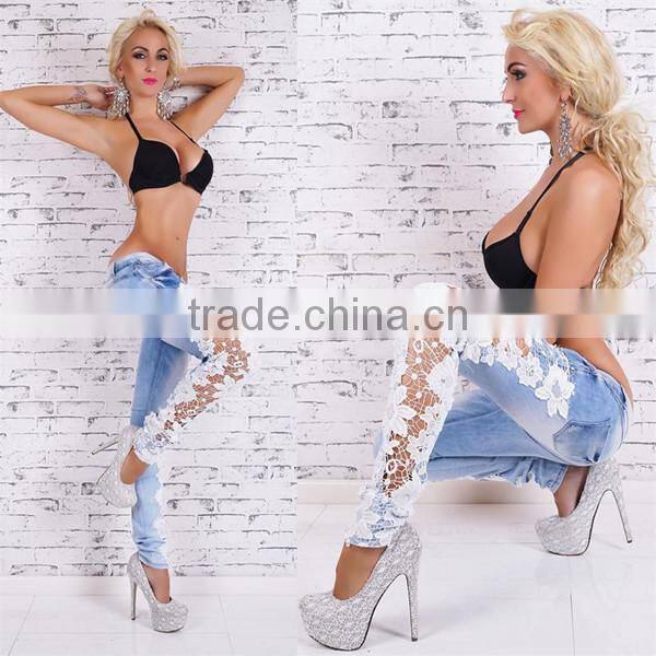 Women denim pants wholesale price sexy lace jeans