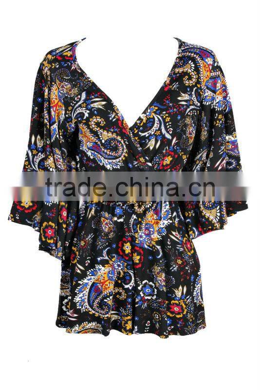 2015 sexy womens deep V neck plus size open front African Print Kimono Sleeve loose Playsuit