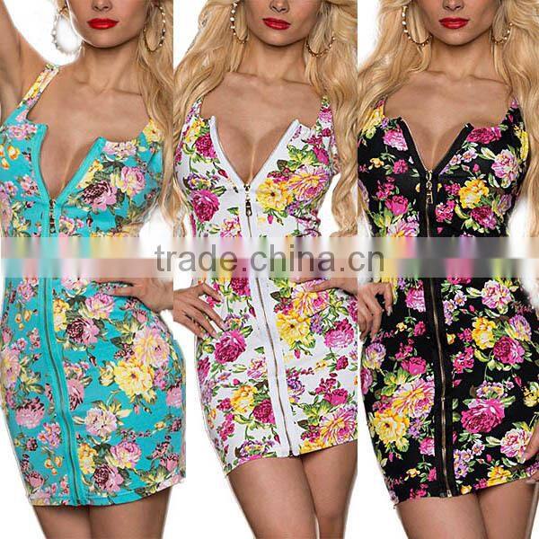 Floral Women Sexy Party Dress Sleeveless Slim Zipper Cocktail Bodycon Mini Dress