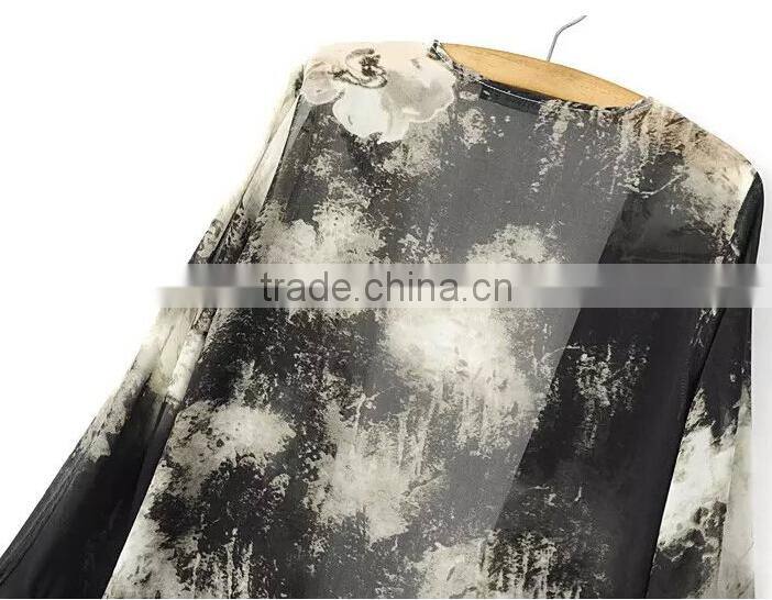 2015 new fashion long chiffon cardigan,maxi ink printing chiffon cardigan for women with long sleeve falbala placket