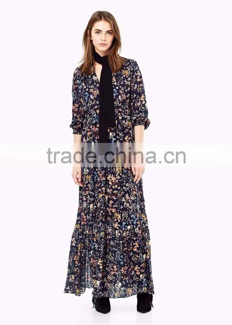european style printed boutique long sleeve maxi dress elastic waist