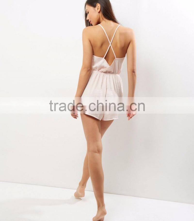 Shell Pink Satin Harness Front Pajamas Playsuit V neck With Back Strappy Design Elasticated Waist Sleepwear