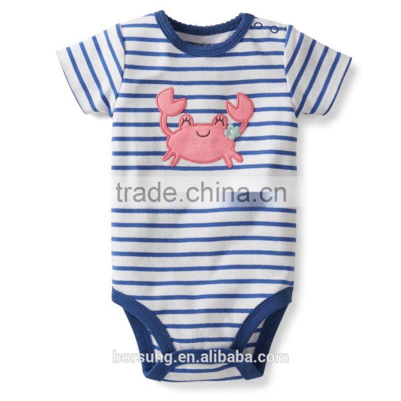 Fashion Short Sleeve Baby Toddler Clothing Striped Applique Baby Bodysuit With Pearl Stitch