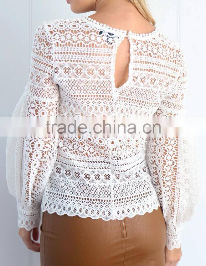 Runwaylover 118 Ladies 2017 Fashion Puff Sleeve Lace Transparent Blouse