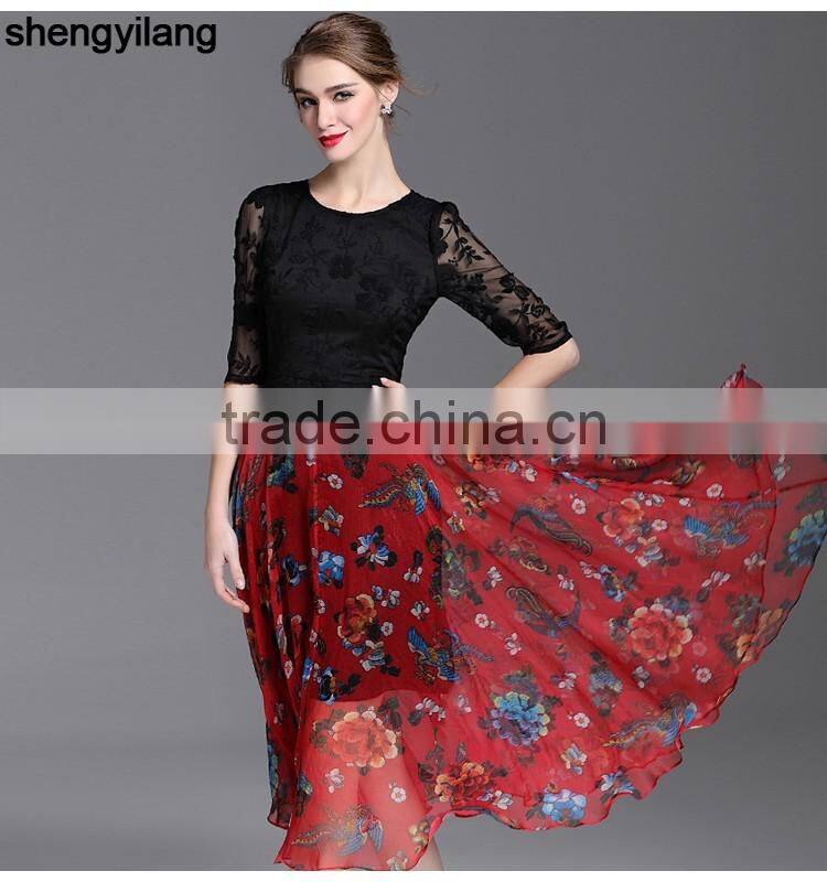2016 spring summer retro lace silk slim A-line luxury guanzghou dress
