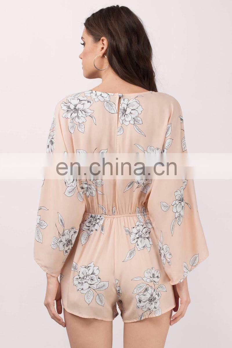 Peach Floral Print Summer Romper Fashion Women Clothing