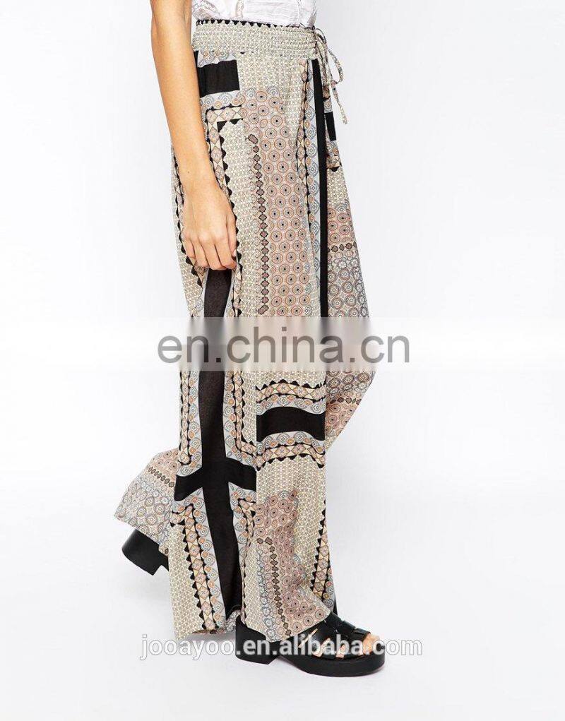 Women Fashion Trousers Ladies Border Print Casual Loose Wide Leg Pants