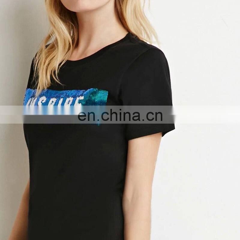 Wholesale Branded Fashion Paillette Letter Pattern Sequin T-shirt Black Plain O-Neck Collar T-shirt