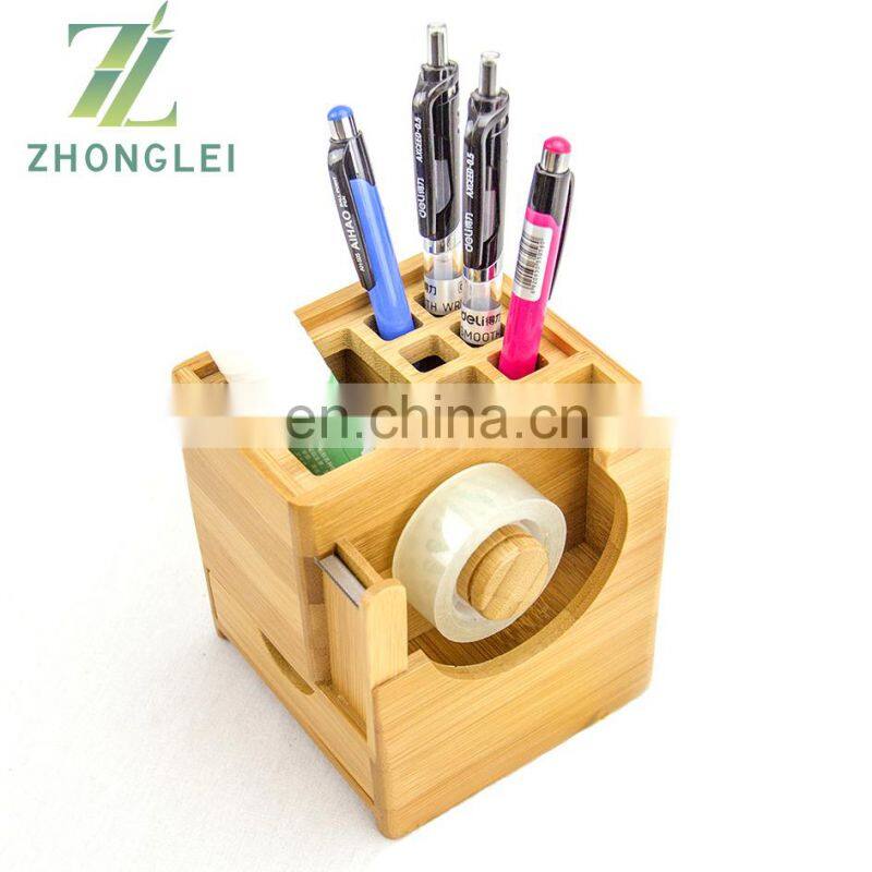 High Quality Bamboo Desk Square Pen Pencil Holder Stand Office Organizer With Tape Dispenser