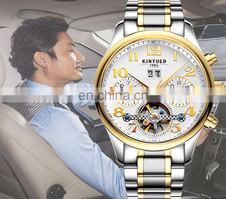 KINYUED J013 New Sporty Men Gold Watch Mechanical Men's Hand Watch Stainless Steel Auto Day Watch