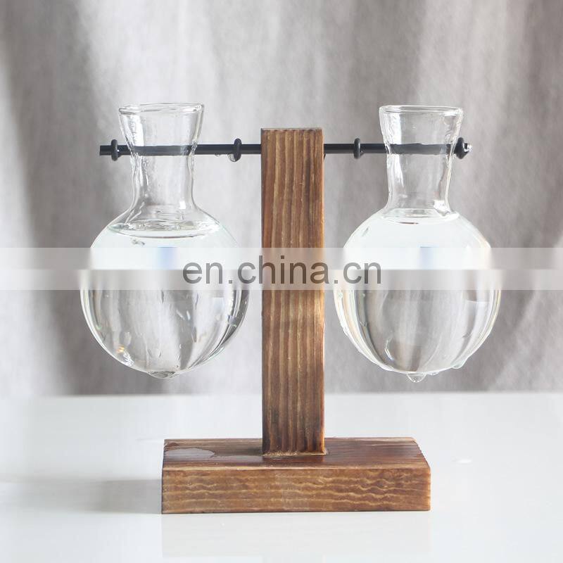 Terrarium Hydroponic Plant Vases Vintage Flower Pot Transparent Vase Wooden Frame Glass Tabletop Plants Home Bonsai Decor
