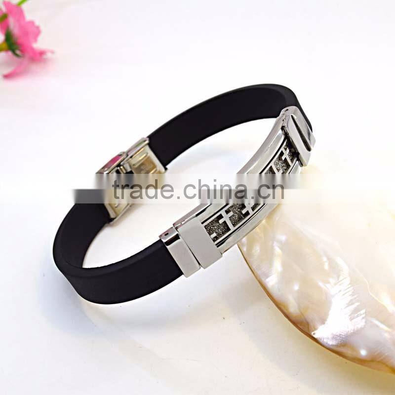 Daily wear wholesale fashion jewelry stainless steel engrave cross silicon bracelet