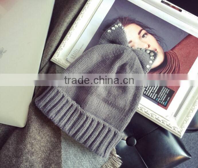 Fashion Charm Ladies Rhinestone Jewelry Pearl Bowknot Ear Cap Hat Beanie