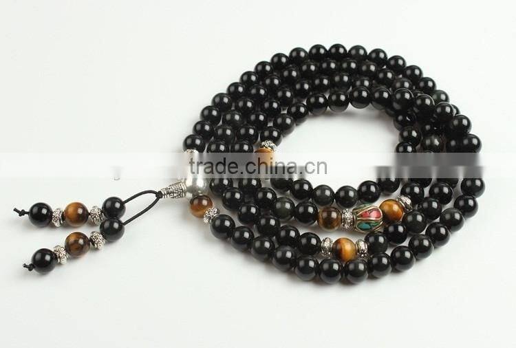 8mm Multilayer yellow Tiger Eye and black Obsidian Malas Prayer Beads Bracelet