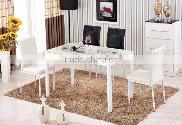 glass top wooden color steel leg dining table with tempered glass top