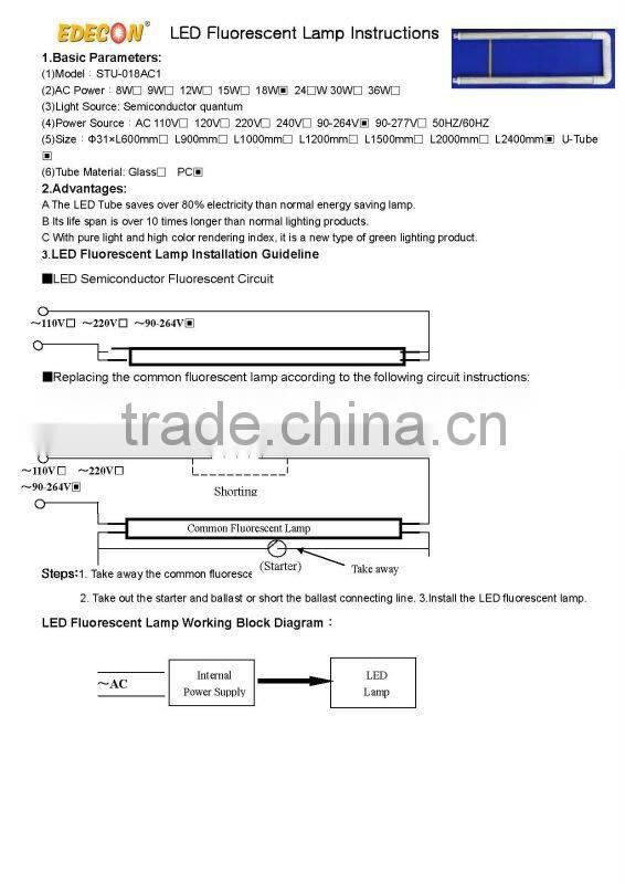 15W LED U-tube lighting 100-277V 8 feet UL&cUL listed(E362563)