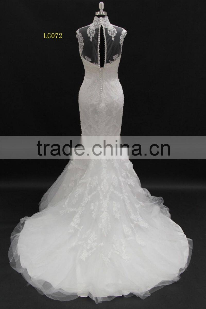high neckline french lace collar with buttons mermaid wedding dress