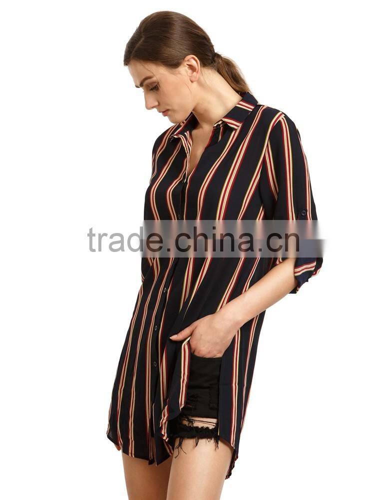 seller factory 2016 fall stripe button down long dress shirt design for women