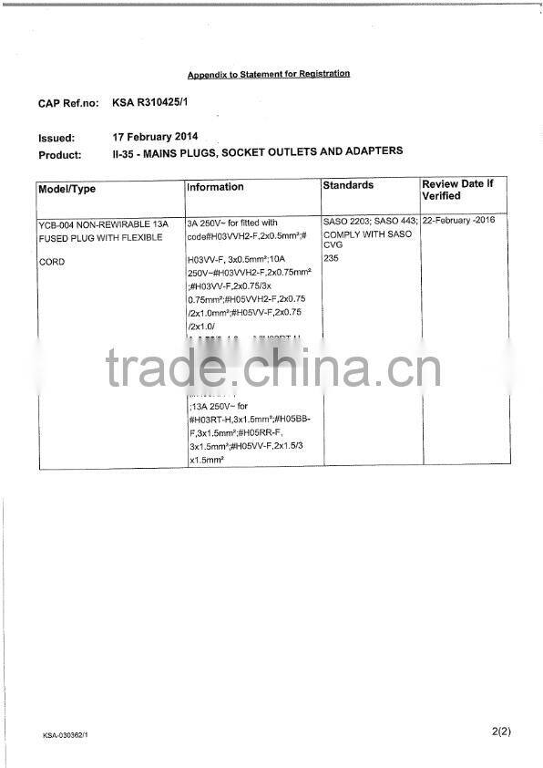 SASO standard 3pin 3-13A/ 250V PVC non-rewireable electrical plug