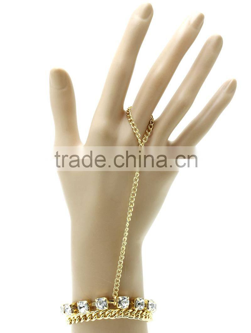 Wholesale gold plated rhinestone hand chains bracelet and ring connected